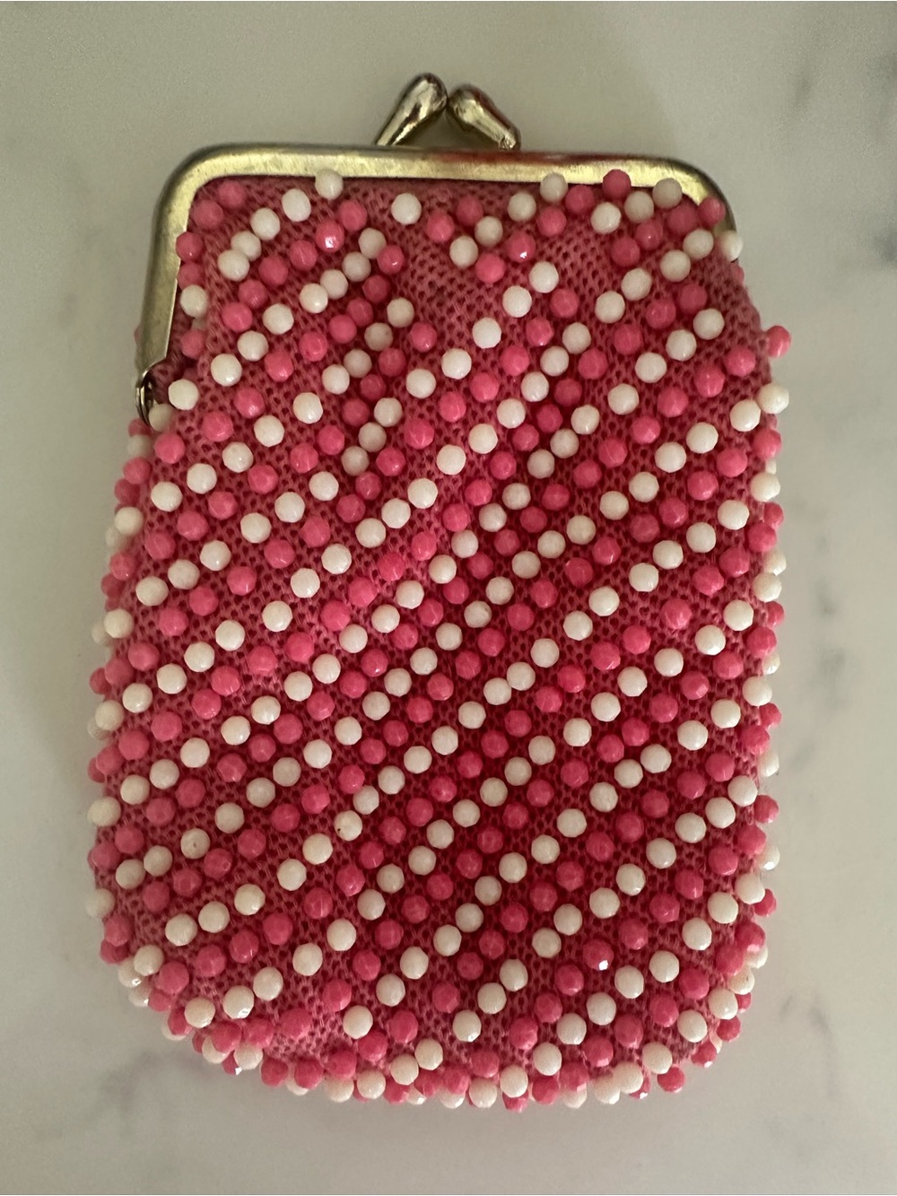 VTG Pink Beaded Lined Coin Purse Wallet Kiss Lock Closure Hong Kong